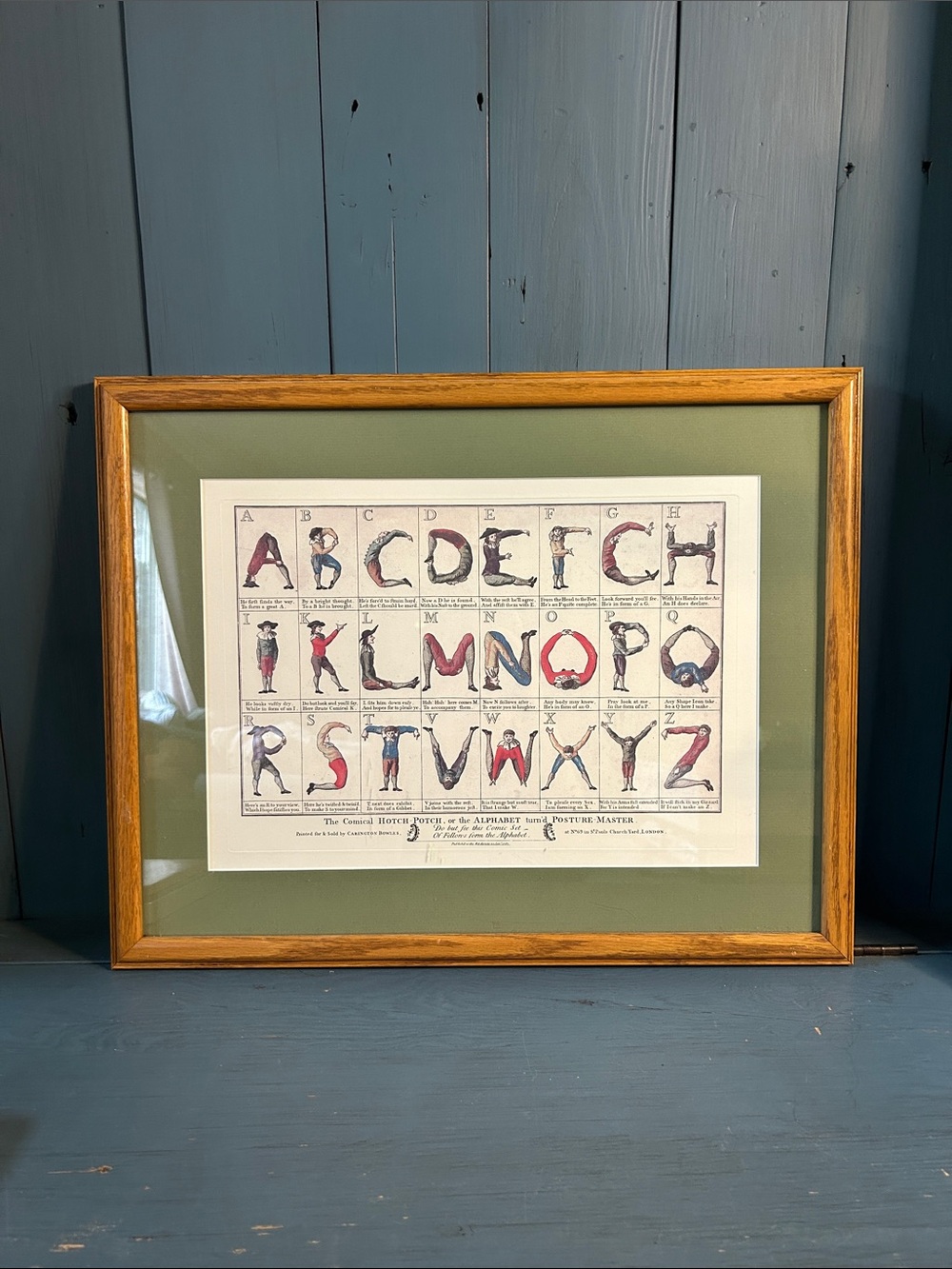 Framed Alphabet Art Print in Green Mat with Oak Frame - Comical Hotch Potch